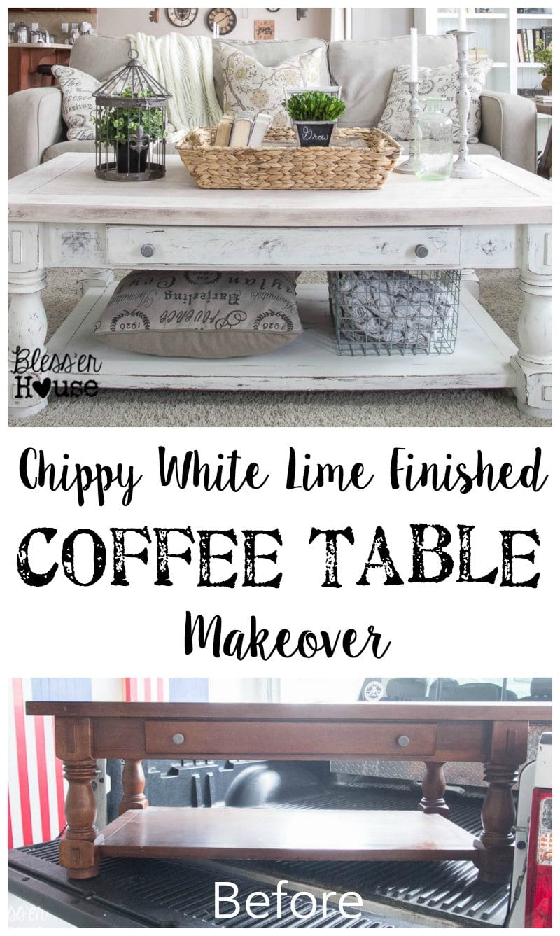 Chippy White Lime Finished Coffee Table: A detailed look at a beautifully transformed coffee table, showcasing a natural top with a delicate lime wax finish and a charming chippy white base. Perfect for modern farmhouse and vintage decor.