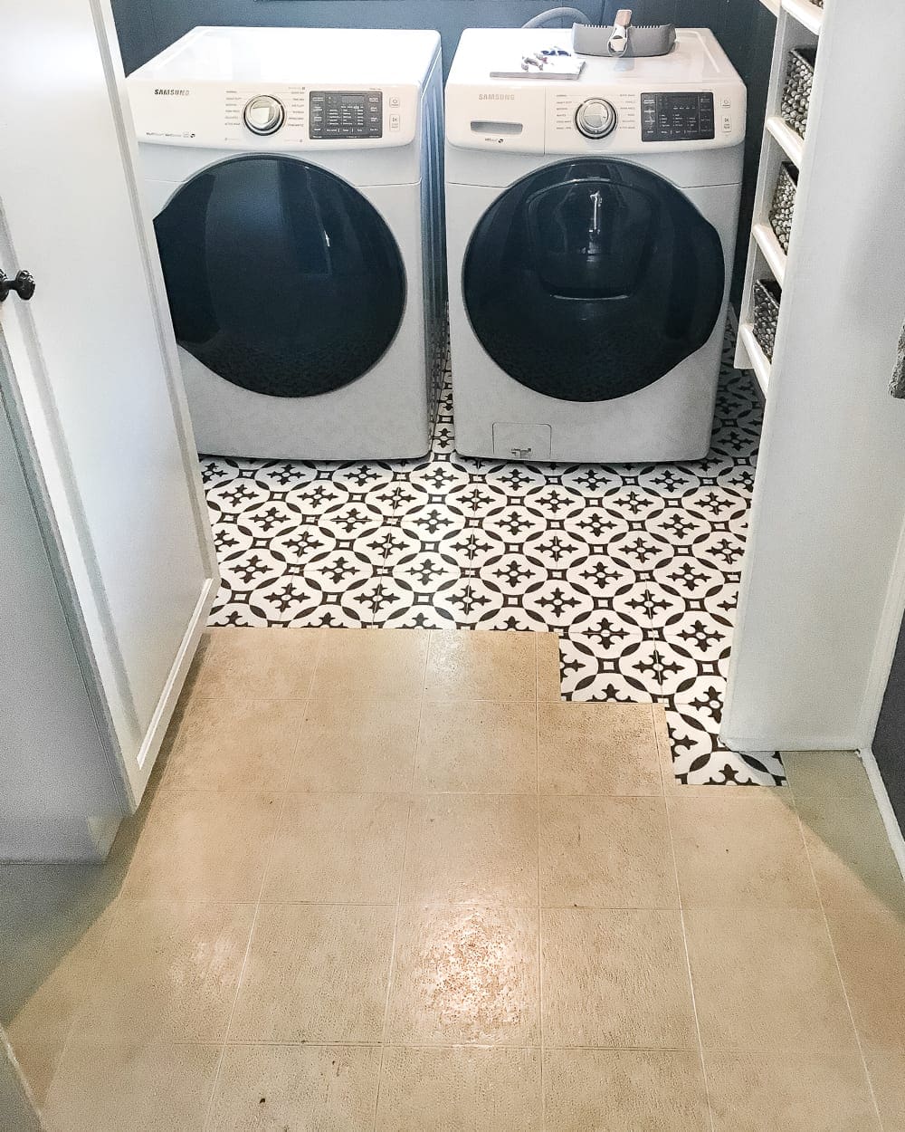 DIY Moroccan Vinyl Tile Floor | blesserhouse.com- A DIY tutorial for how to install moroccan peel & stick vinyl tiles. Less messy than paint. Less time-consuming and less expensive than real tile!