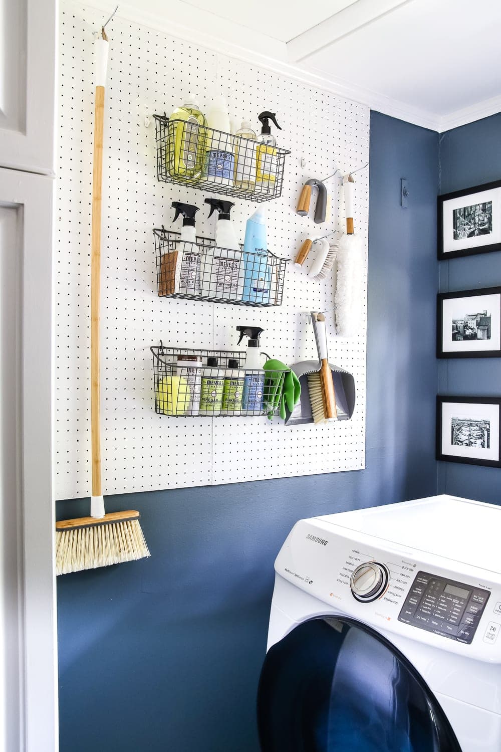 laundry room pegboard to organize cleaning supplies