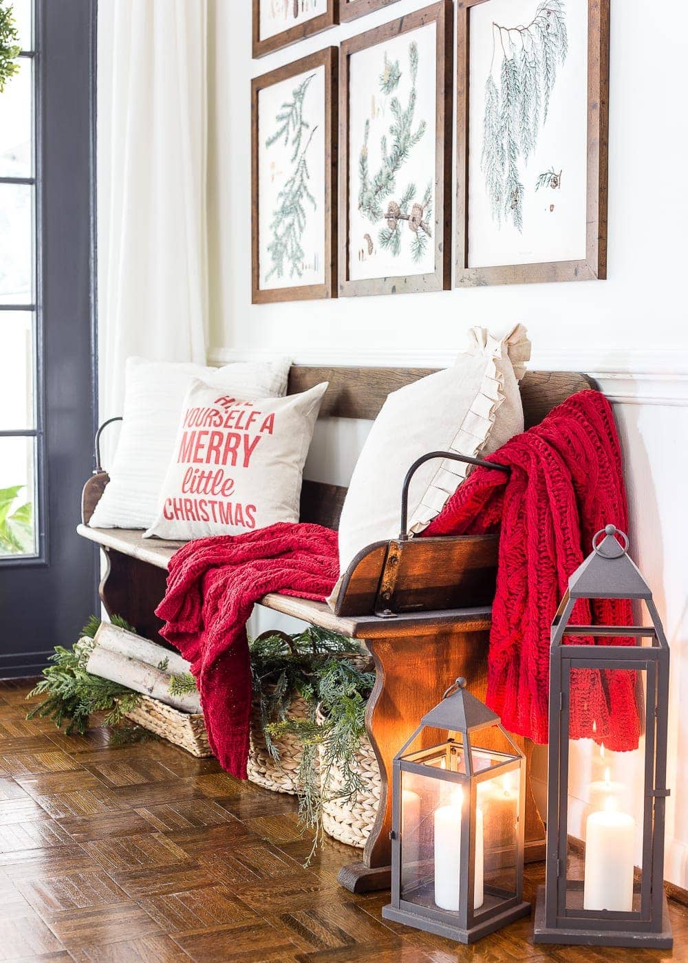 Winter Botanical Gallery Wall Printables | blesserhouse.com - A Christmas entryway bench and a free downloadable set of winter evergreen botanical prints for a printable gallery wall #christmasprintable #christmasentryway #botanicalprints #gallerywall 
