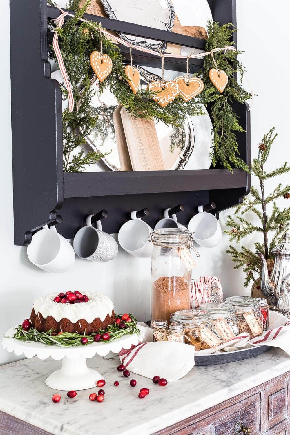 Cozy Hot Cocoa Bar & Printable Labels | blesserhouse.com - A cozy hot cocoa bar vignette set up for Christmas plus a free printable label set for toppings and mix-ins. #cocoabar #Christmasdecor #Christmaskitchen #printablelabels 