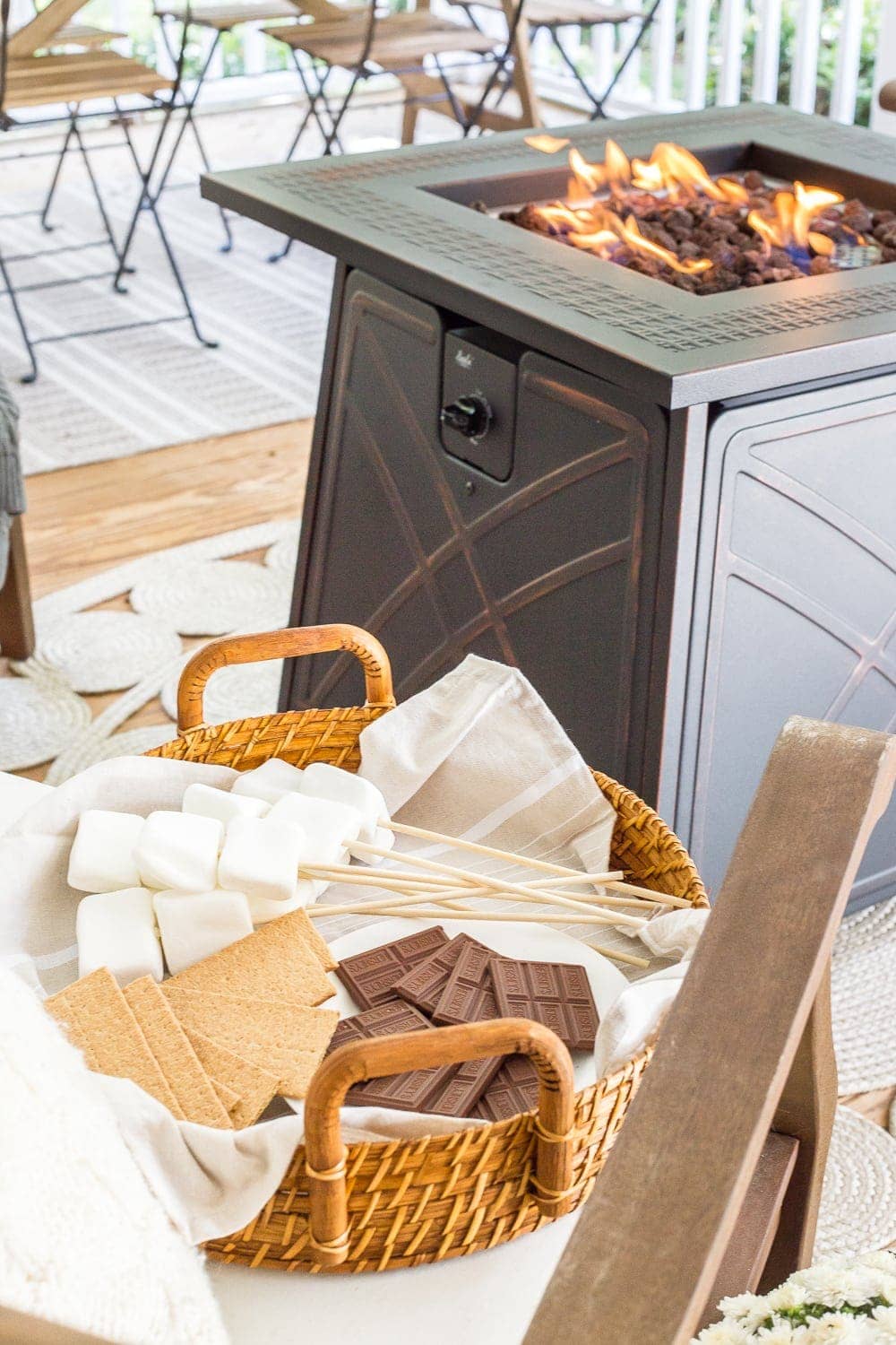 Cozy fall porch with gas fire pit and s'mores | outdoor fall entertaining