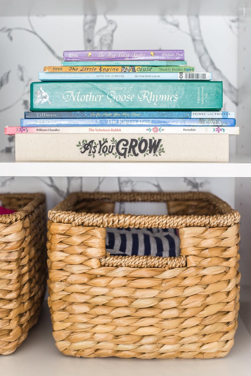 Nursery closet organization with shelving for books