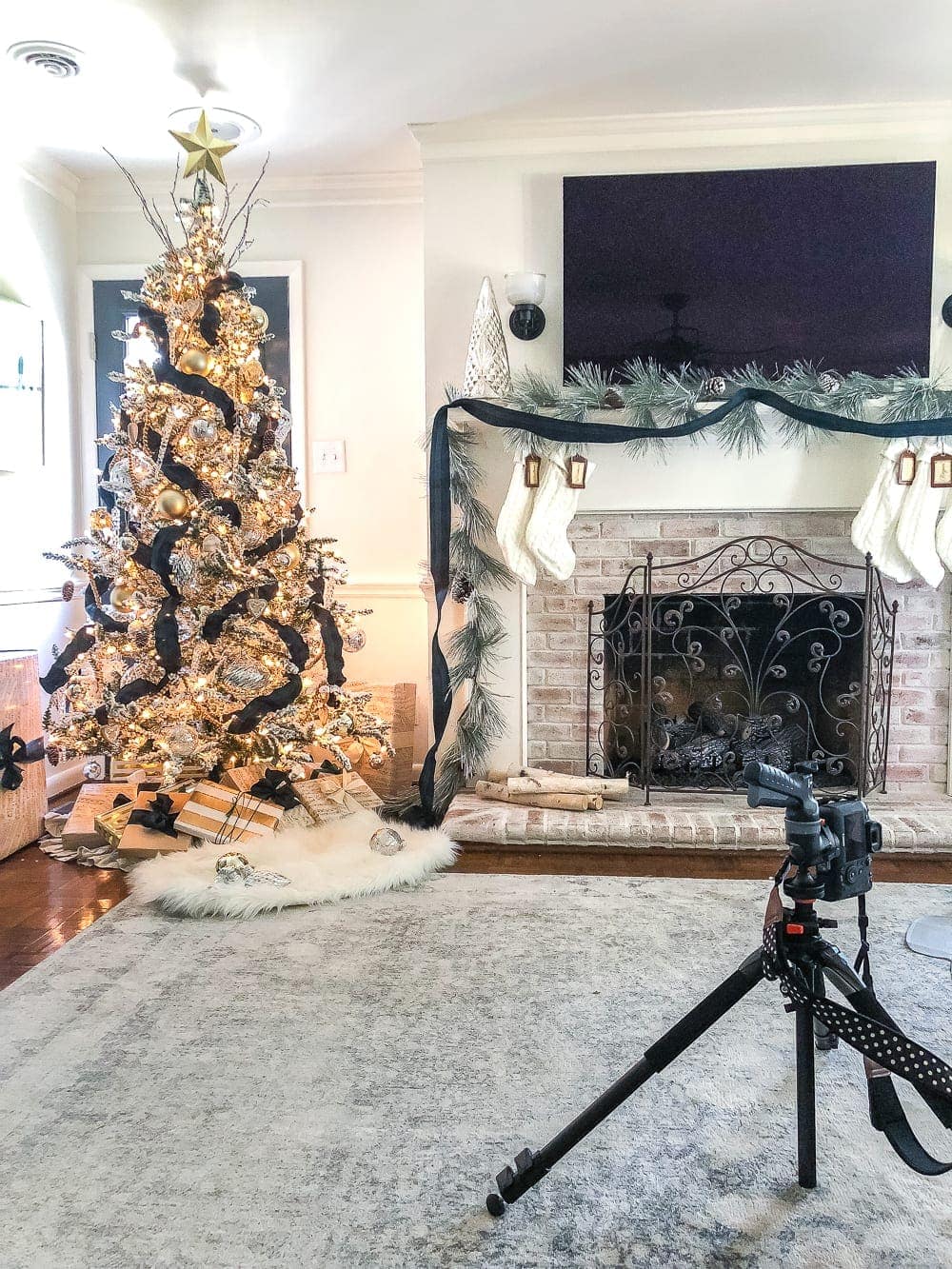 how to set up your camera for a Christmas family photoshoot in front of a tree