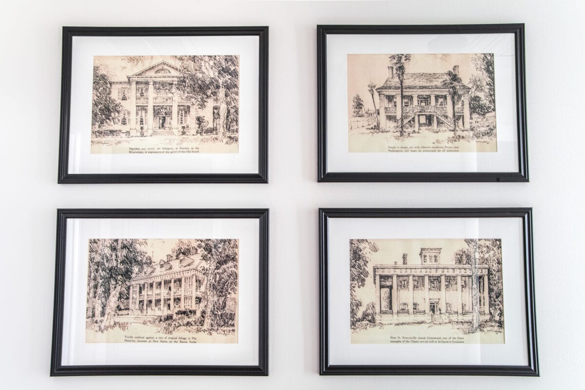 A set of 4 architectural printable art of Southern Antebellum mansions perfect to mat and frame for an antique feel anywhere in your home. #architecturalprints #architecturalart #freeprintableart #freeprintables #freeart #walldecor #hallway