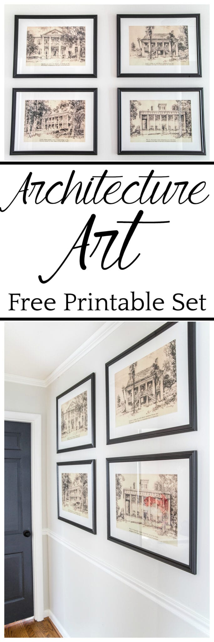 A set of 4 architectural printable art of Southern Antebellum mansions perfect to mat and frame for an antique feel anywhere in your home. #architecturalprints #architecturalart #freeprintableart #freeprintables #freeart #walldecor #hallway