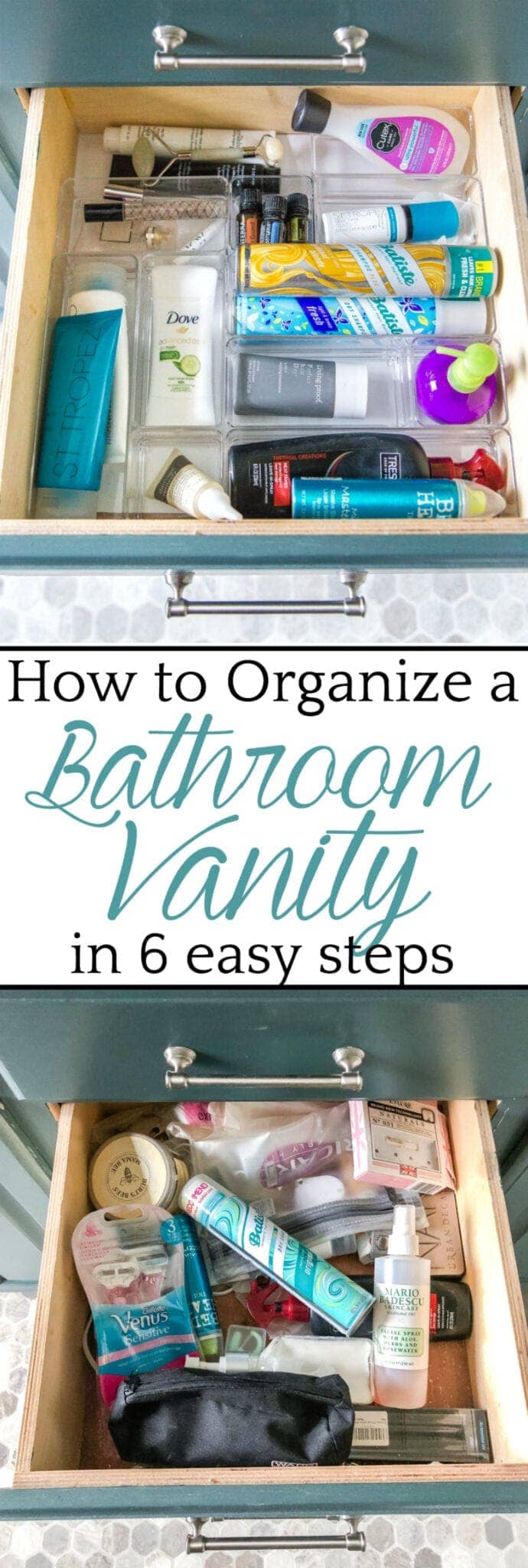 Bathroom Vanity Organization | The must-do steps to thoroughly organize your bathroom drawers and cabinets and the best tools to keep them looking tidy. #bathroomorganization #bathroomdrawer #bathroomcabinet #bathroomvanityorganization #bathroomorganizing