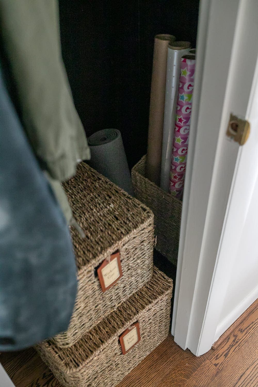 coat closet organization with gift wrap storage