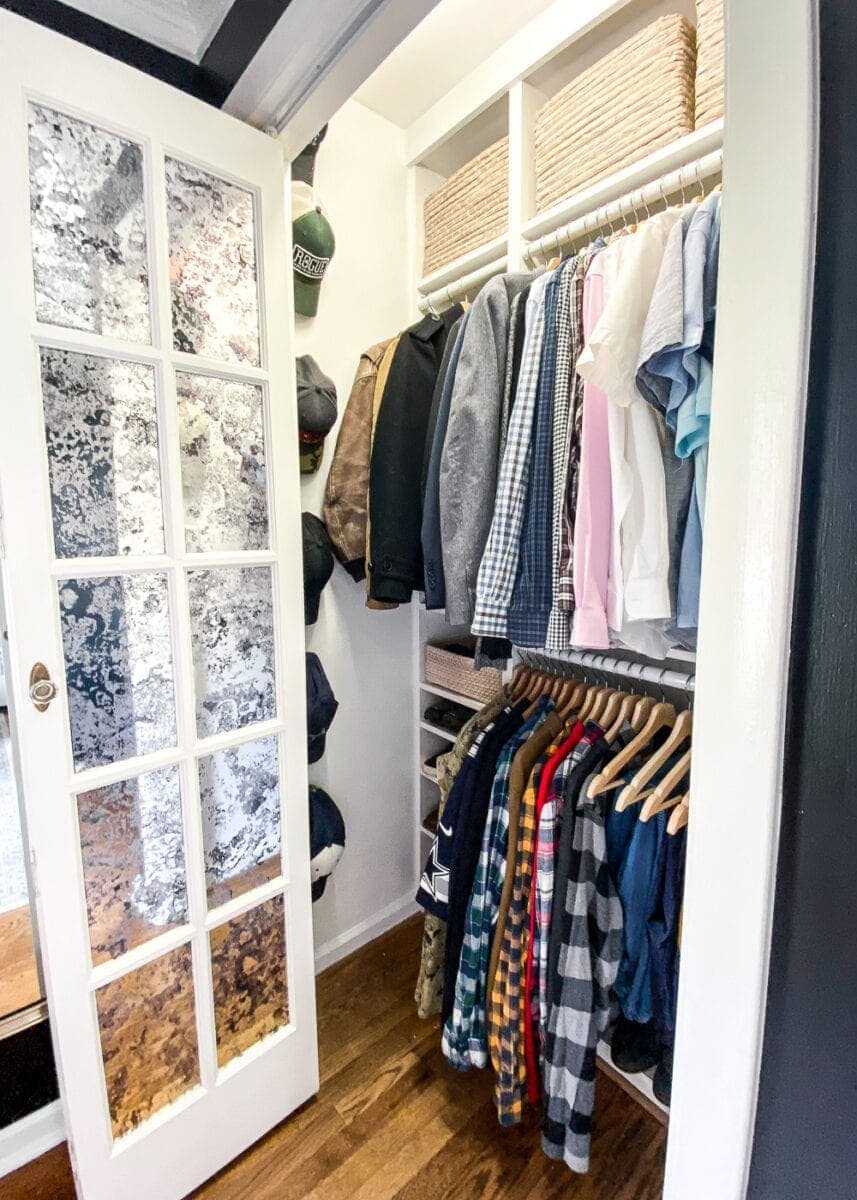 men's bedroom built in DIY custom closet with IKEA bookcases 