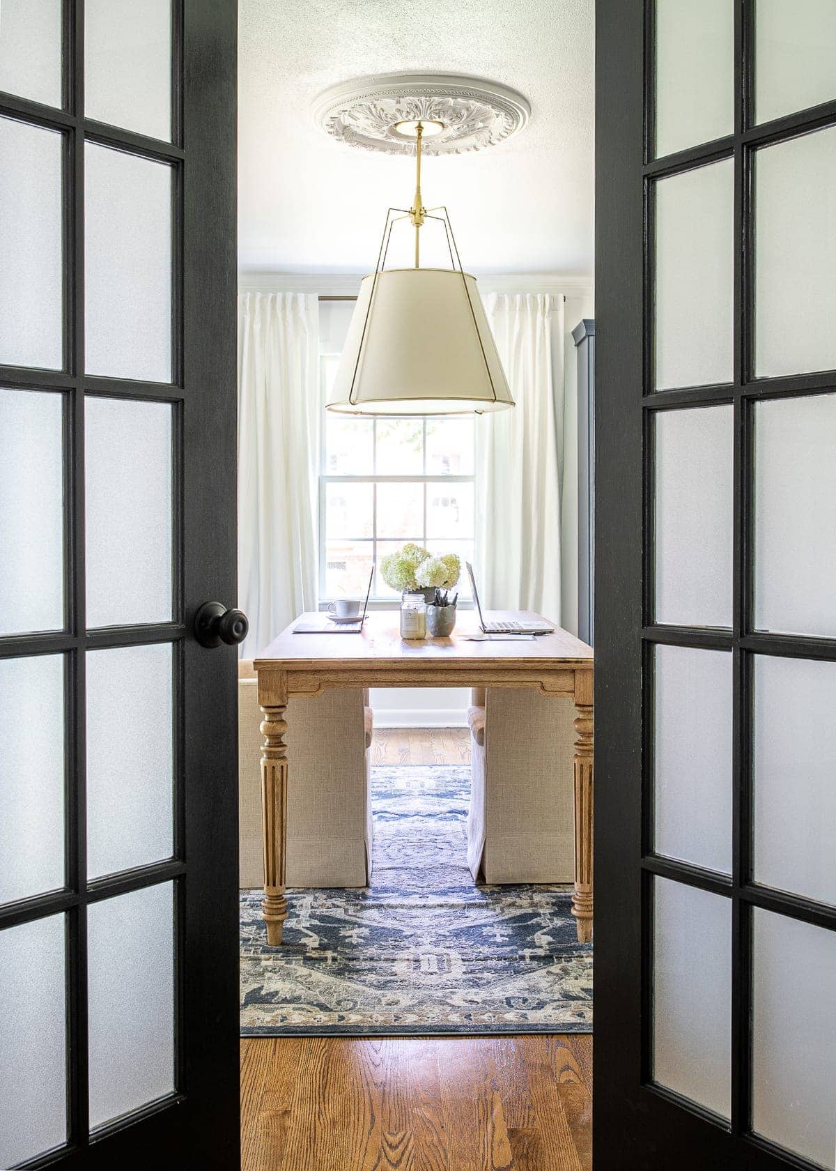 frosted glass film on French doors leading into a home office