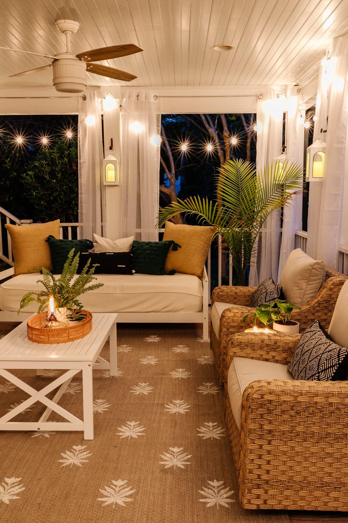 porch string lights hanging on a covered deck