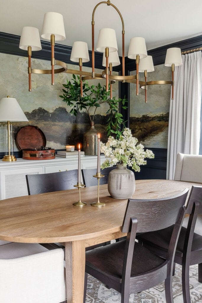 dining table with vase of flowers