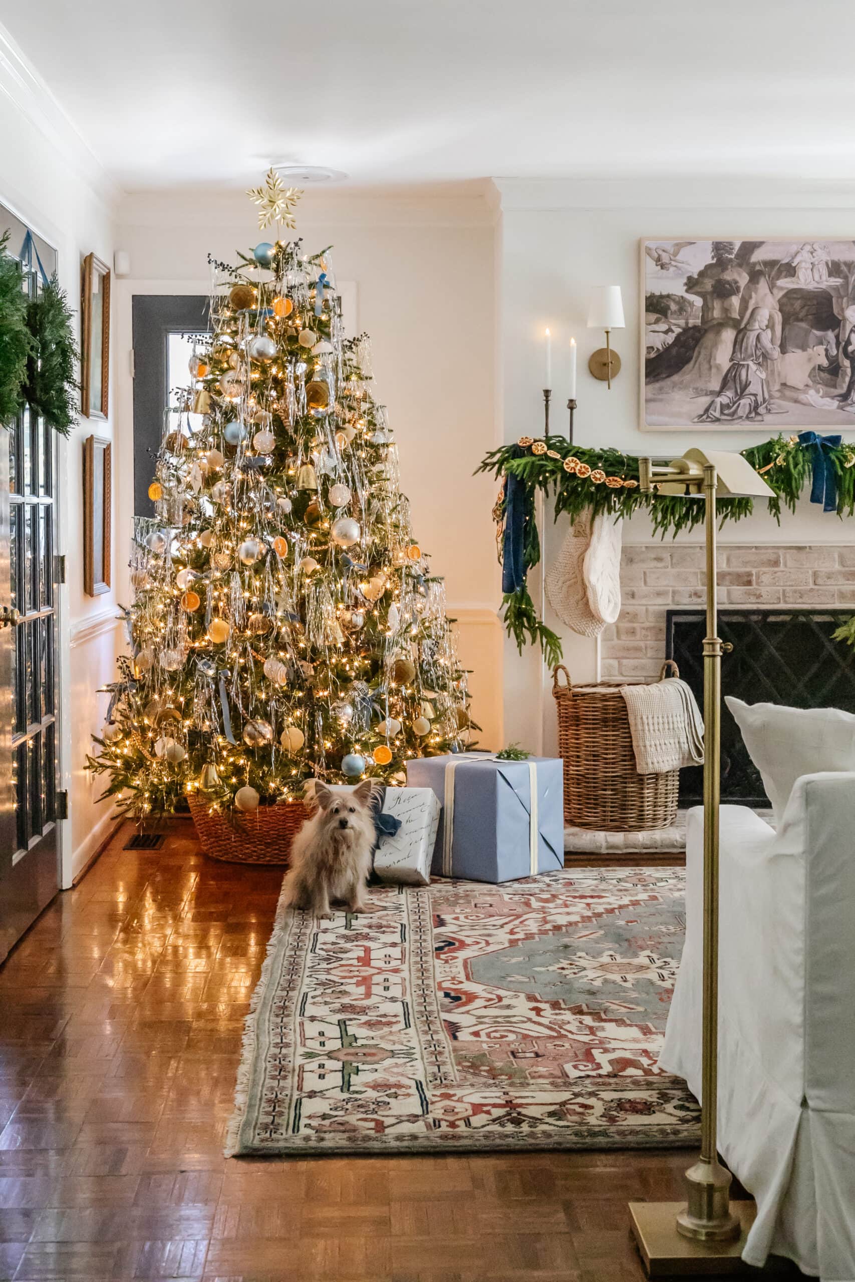 Family photos and lights used as personal holiday decor.