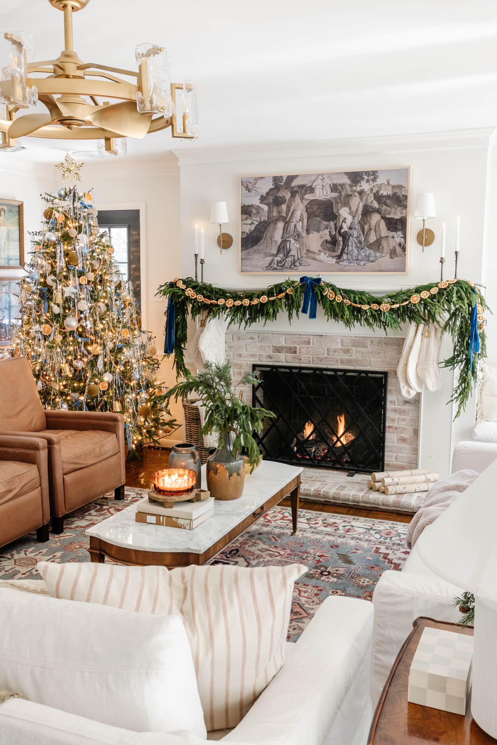 Family photos and lights used as personal holiday decor.