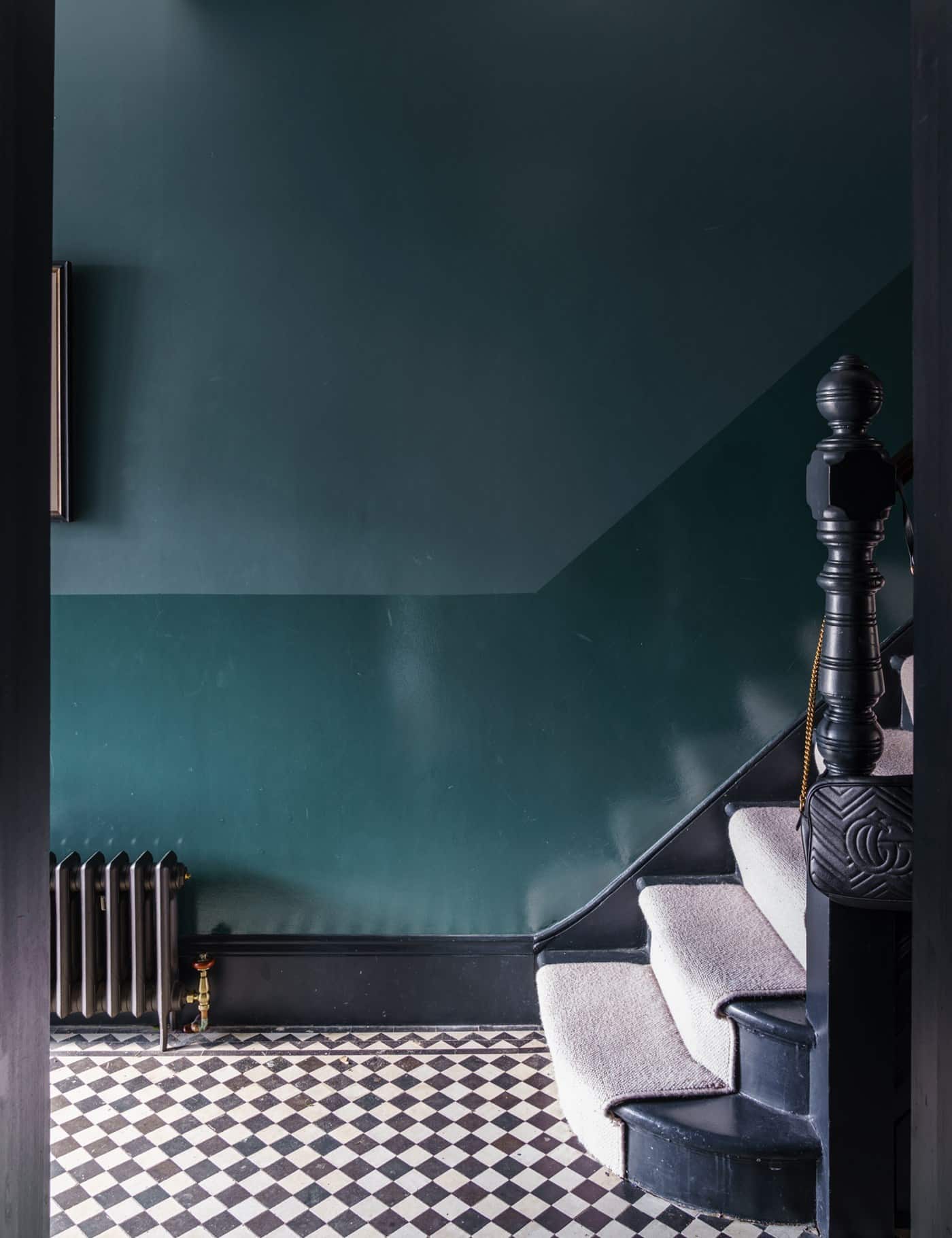 dual sheen Farrow and Ball Inchyra Blue teal stairs and entryway