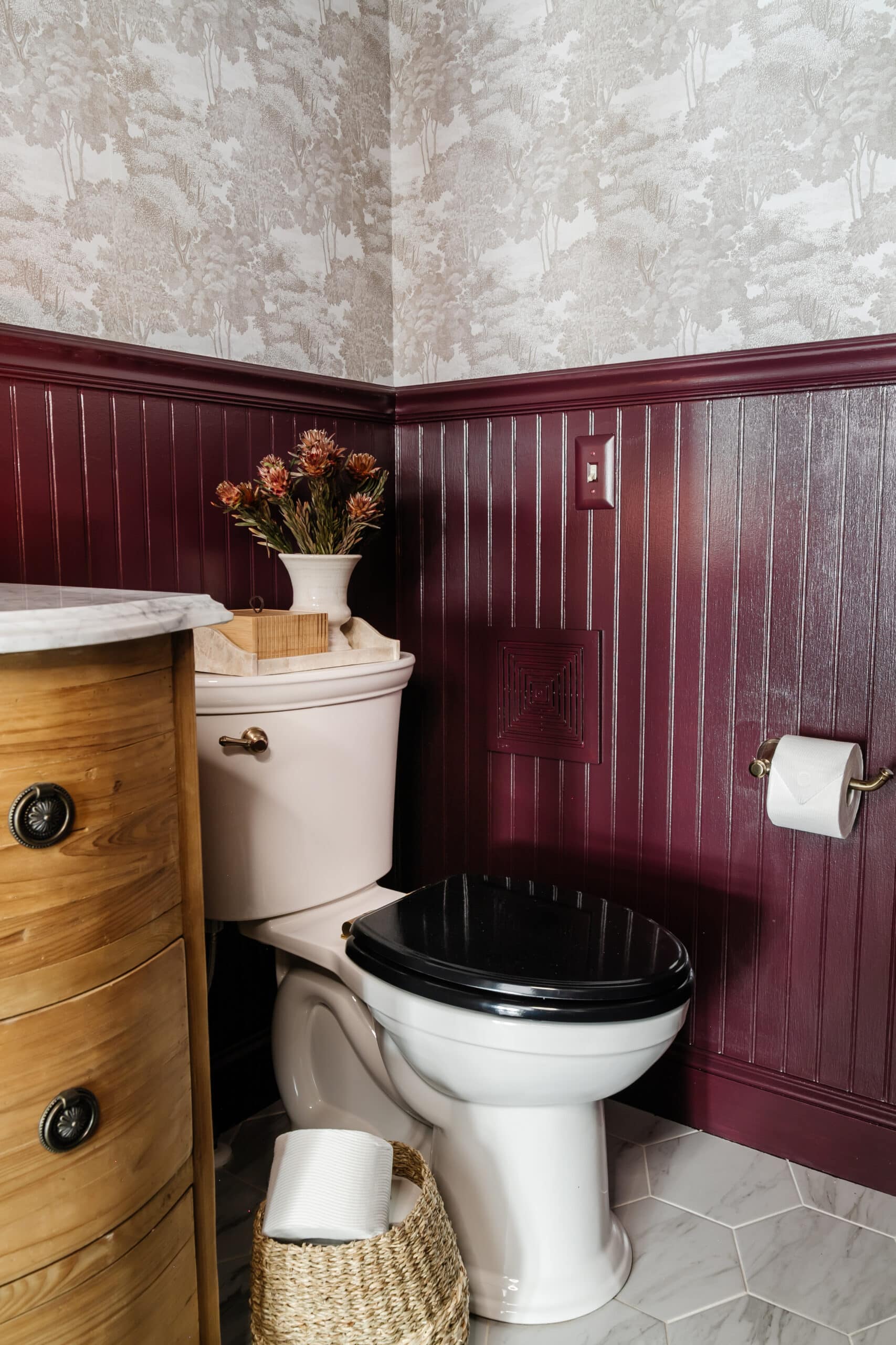 vintage black toilet lid and beadboard painted Farrow and Ball Brinjal