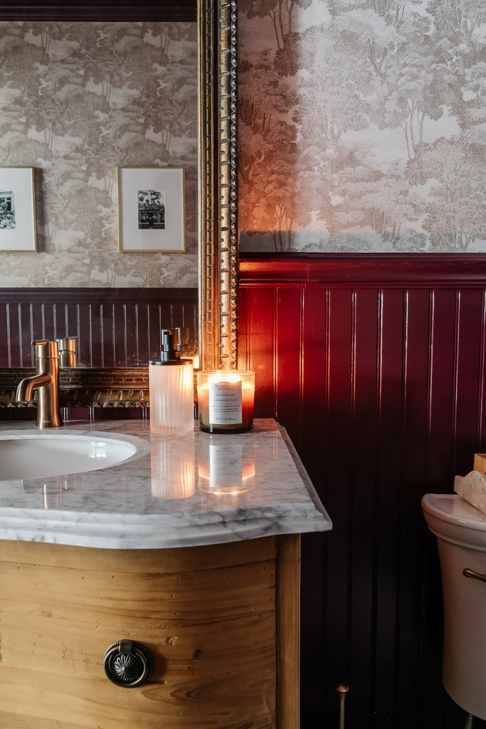 modern vintage bathroom with Rebel Walls Saint Sebastian wallpaper and Farrow and Ball Brinjal