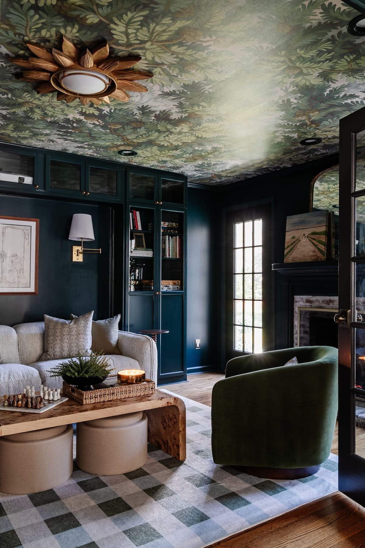 wallpaper covering a textured ceiling
