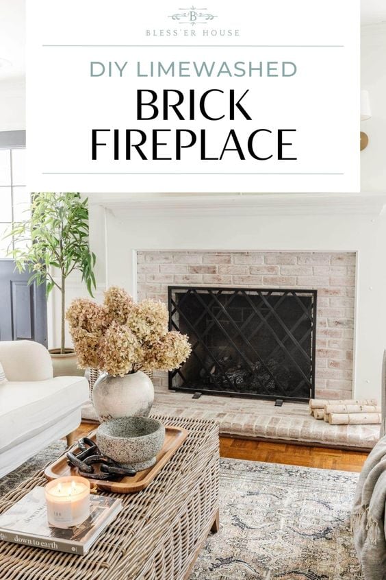 diy limewashed brick fireplace
