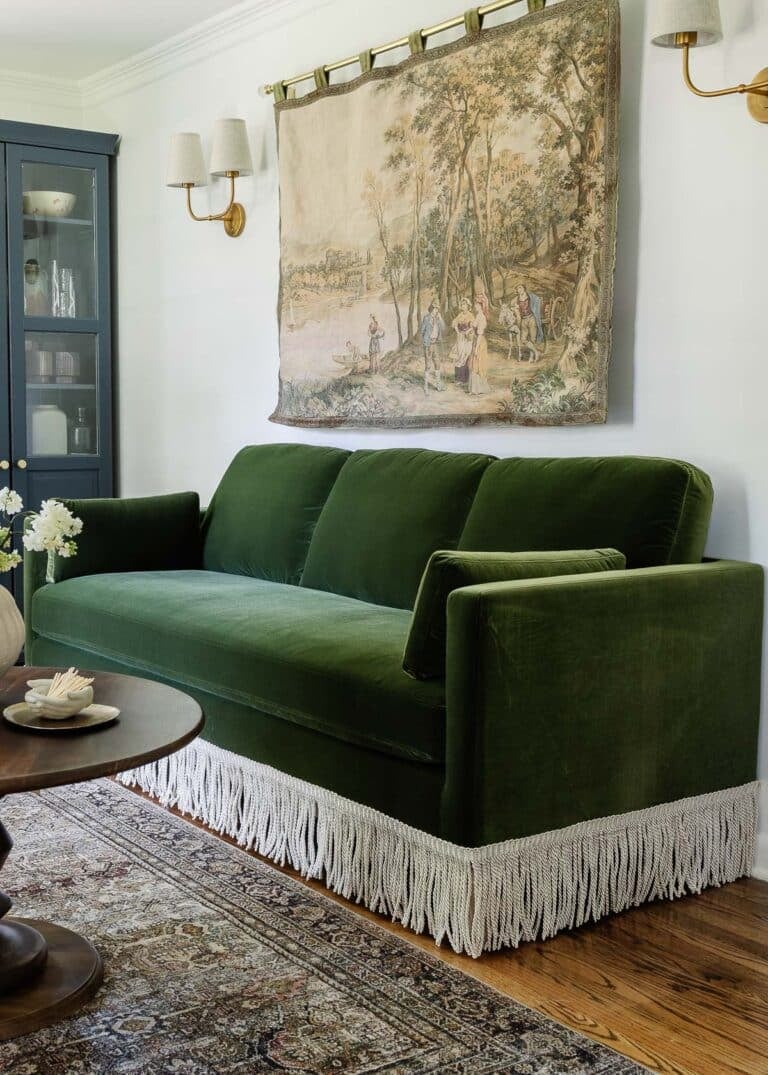 diy grandmillennial style sofa with fringe