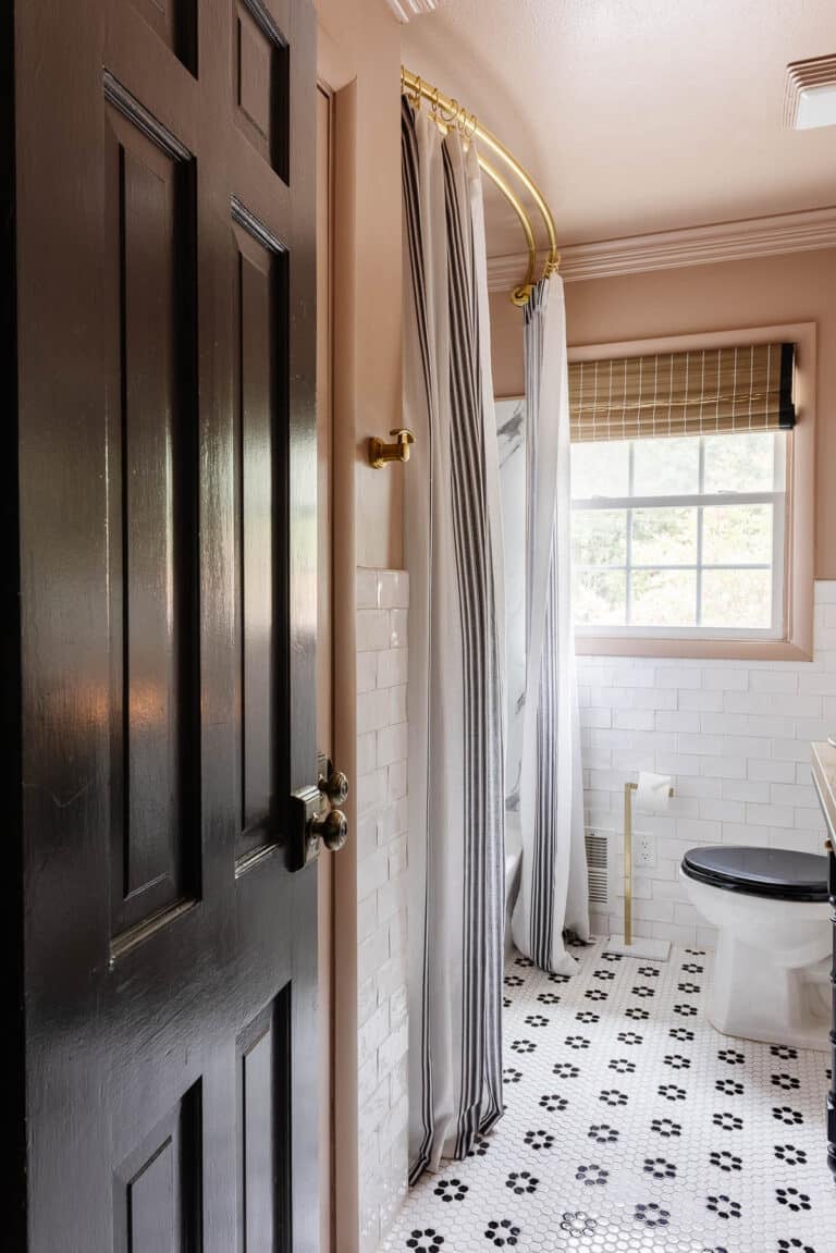 black and pink bathroom painted Behr Postmodern Mauve