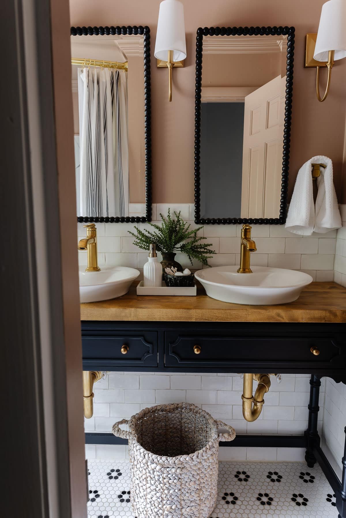 console table bathroom vanity with vessel sinks and gold pipes