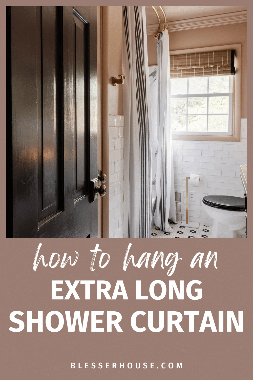 how to hang an extra long shower curtain to make a small bathroom look bigger