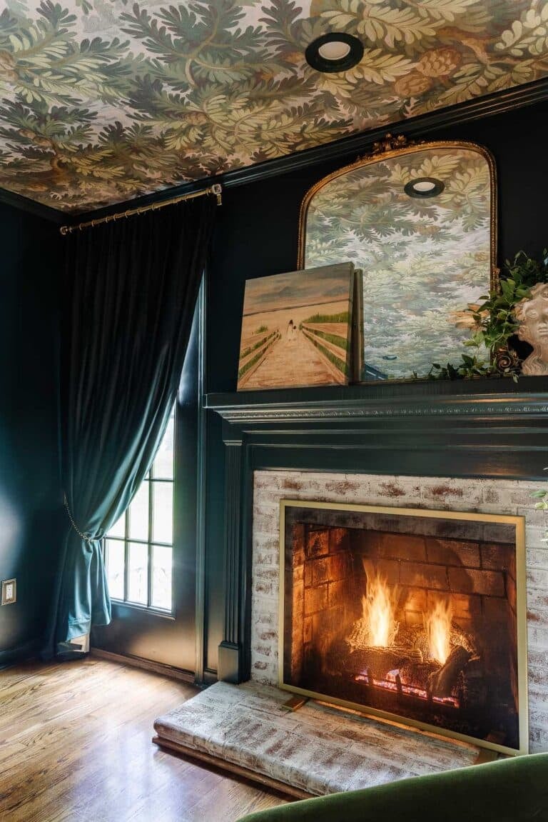 swag curtains in a theater room with fireplace