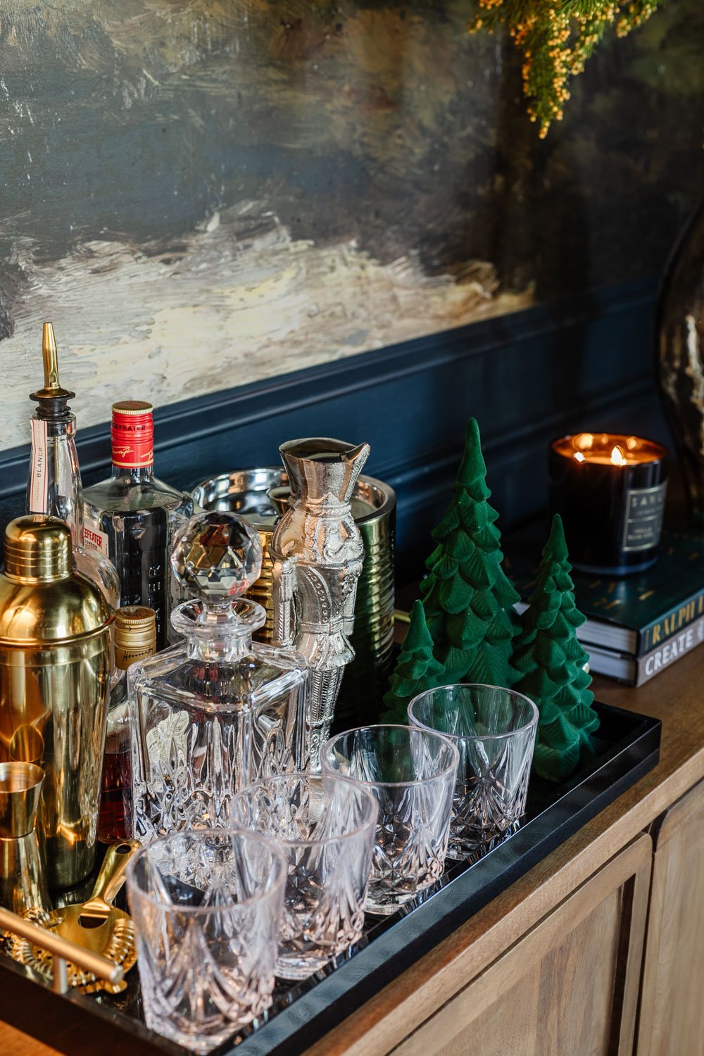 bar tray on a sideboard decorated for Christmas