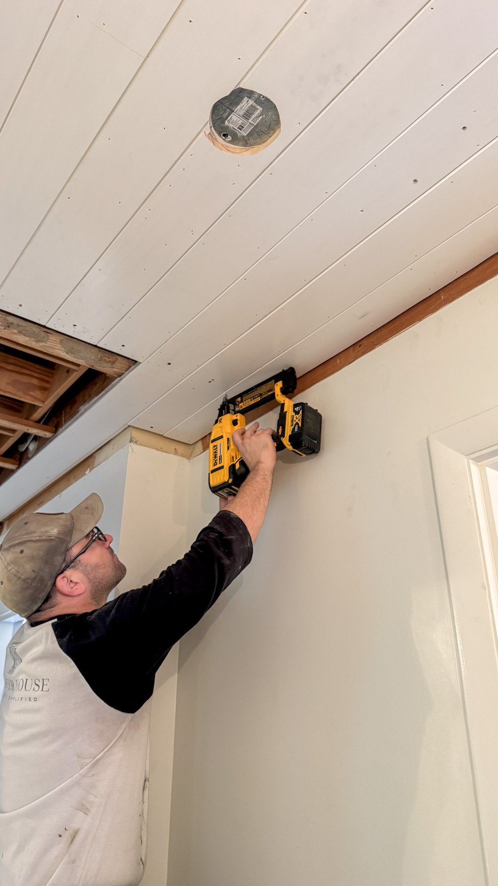 how to hide attic door in ceiling with tongue and groove