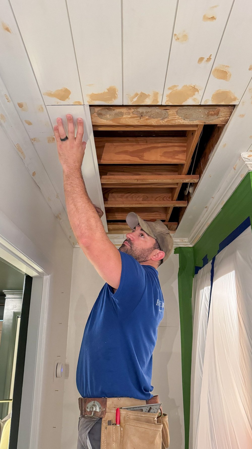 how to hide attic door in ceiling with tongue and groove