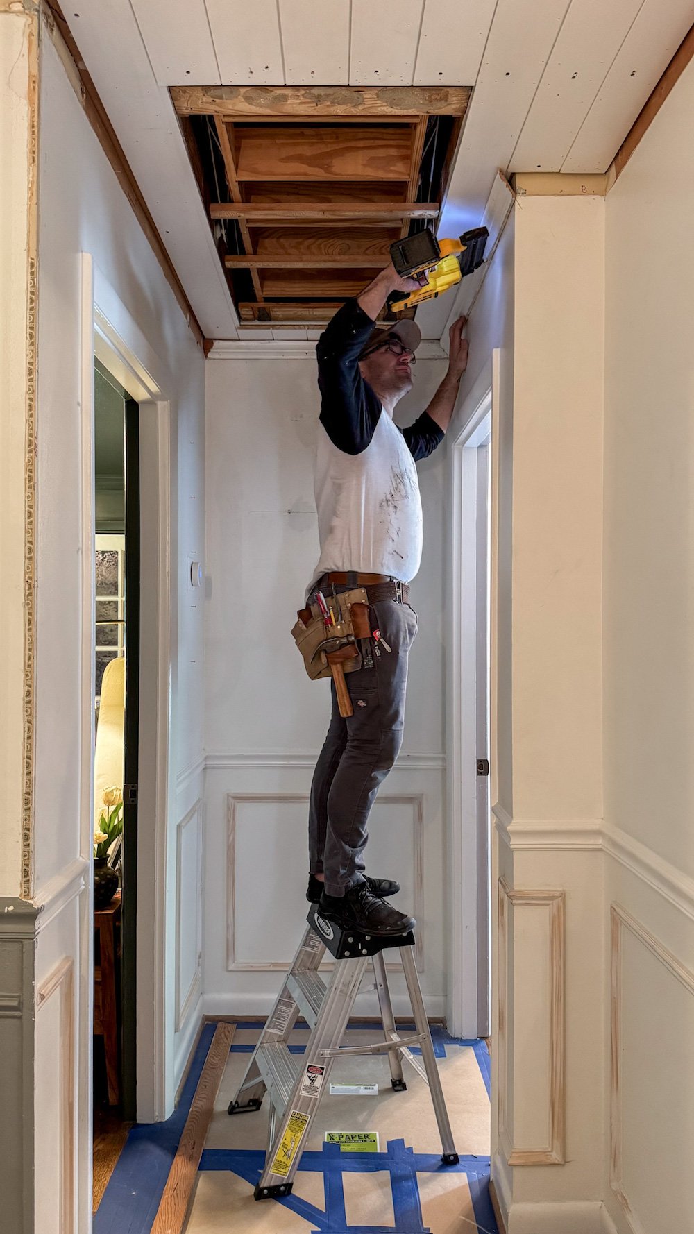 how to hide attic door in ceiling with tongue and groove