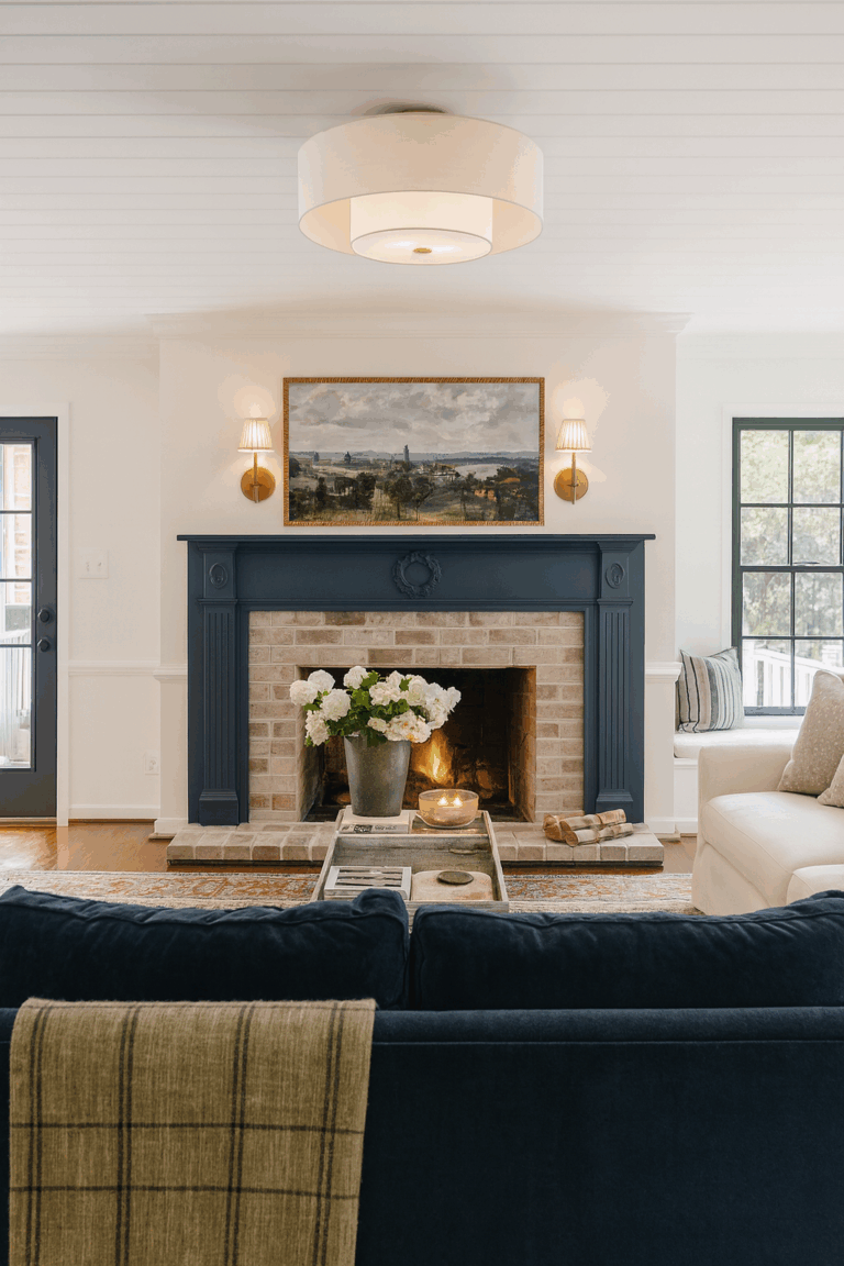 AI inspiration for a living room with white walls and navy blue fireplace mantel