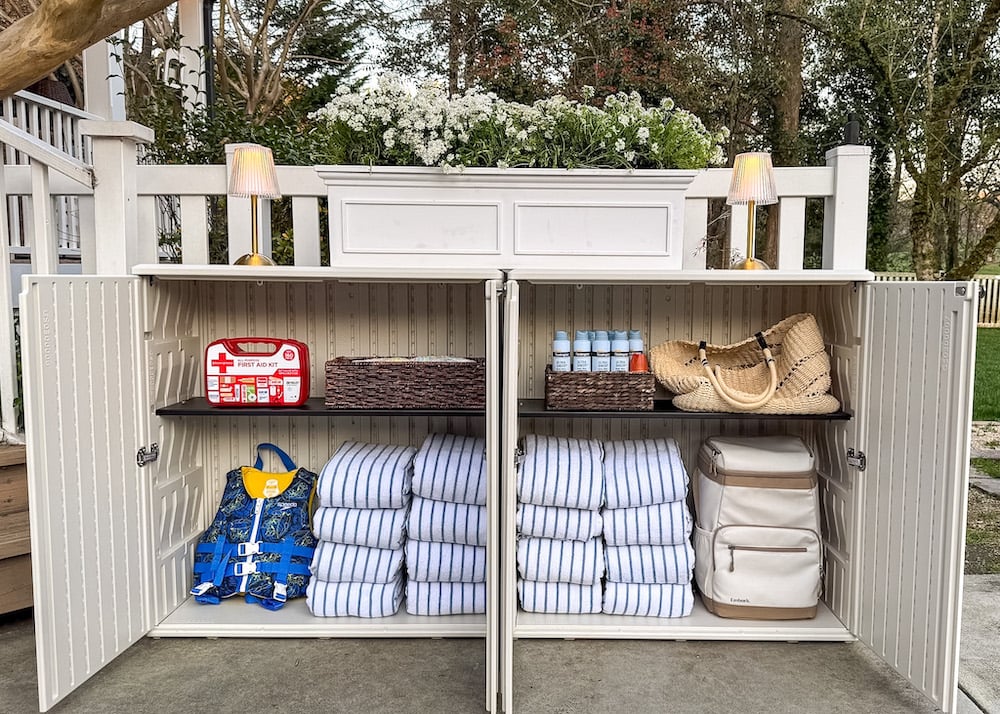 backyard party guest hosting station outdoor buffet table using deck boxes