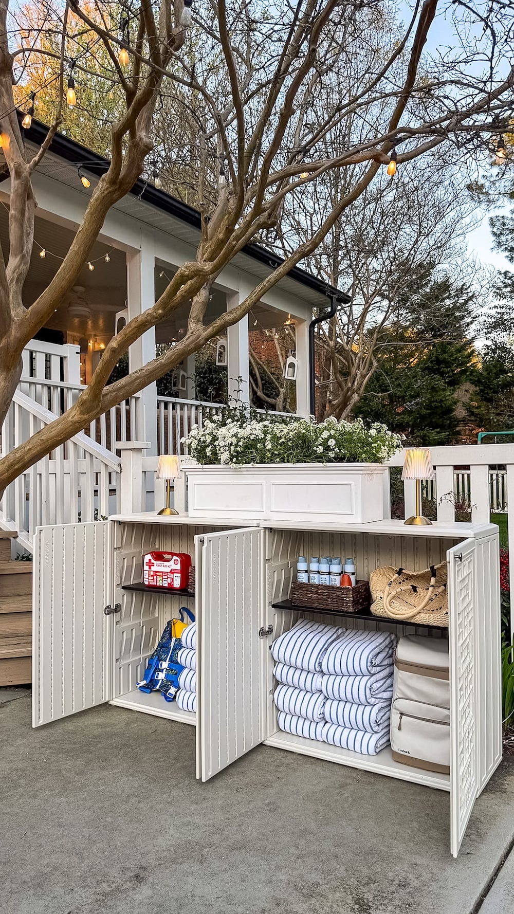 backyard party guest hosting station outdoor buffet table using deck boxes