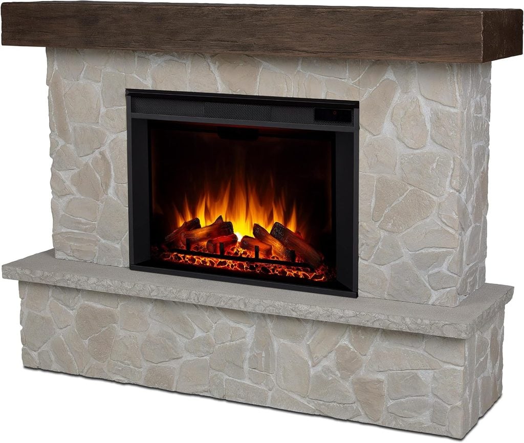 Rustic Stacked Stone & Timber Mantel Electric Fireplace