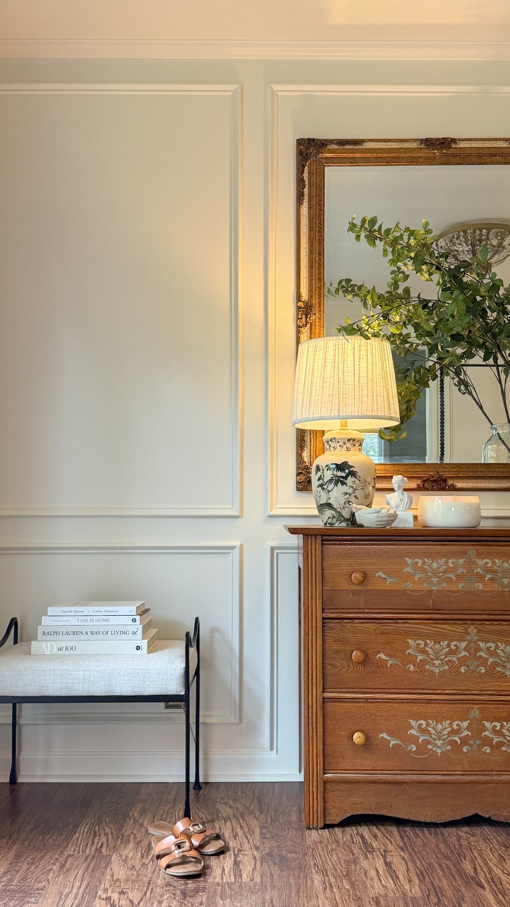 classic modern french country bedroom with layered lighting and canopy bed